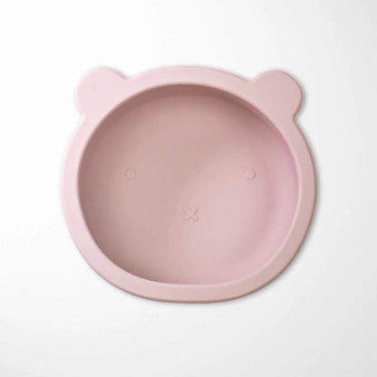 light pink bear suction bowl made of BPA-free silicone with cute ear design and strong grip to high chair surfaces