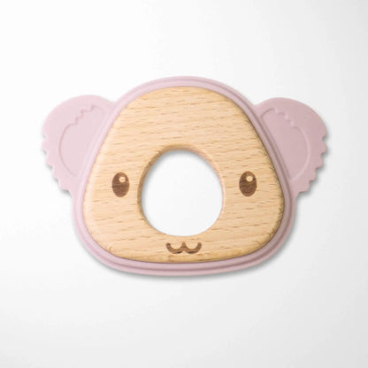 light pink koala silicone and wood teether with natural wood center and soft silicone ears