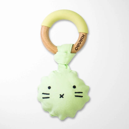lime green plush monster rattle teething toy with wooden ring for babies, organic cotton handmade baby teether with cute facial features