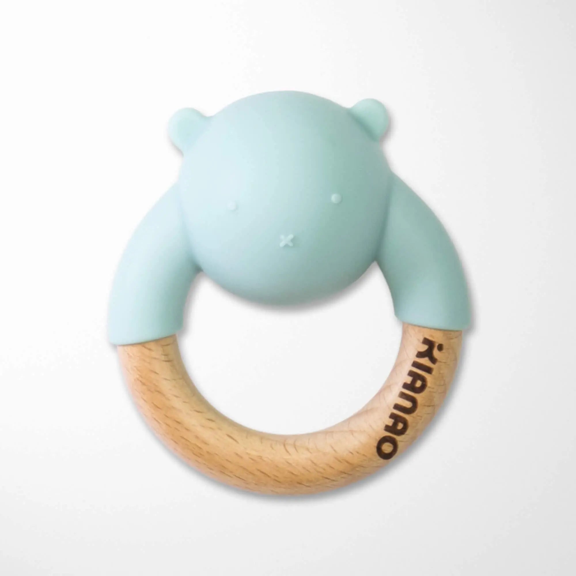 mint silicone bear baby teether with natural beechwood ring providing dual textures for teething relief and ergonomic design for developing hands
