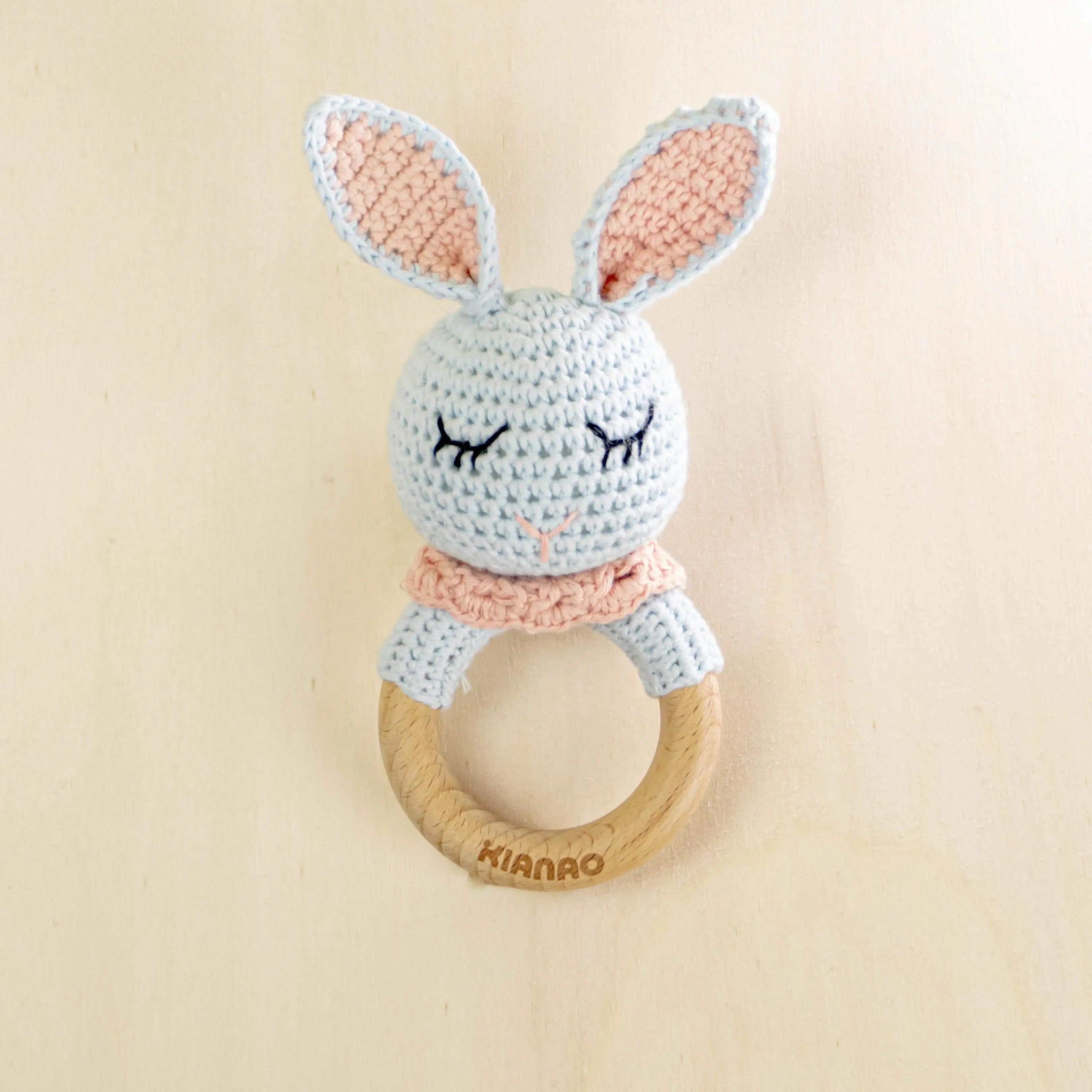 mint blue crochet sleeping bunny rattle teething toy with wooden ring, organic cotton baby teether with closed eyes and long ears