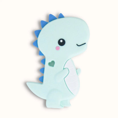 mint green long-neck dinosaur silicone teether with blue textured spikes and friendly face for gentle teething relief