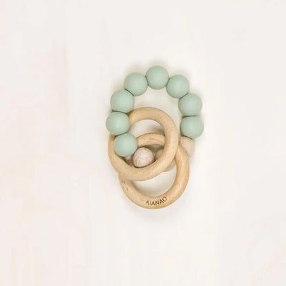 mint green silicone beads on natural wooden teething ring handmade baby teether
