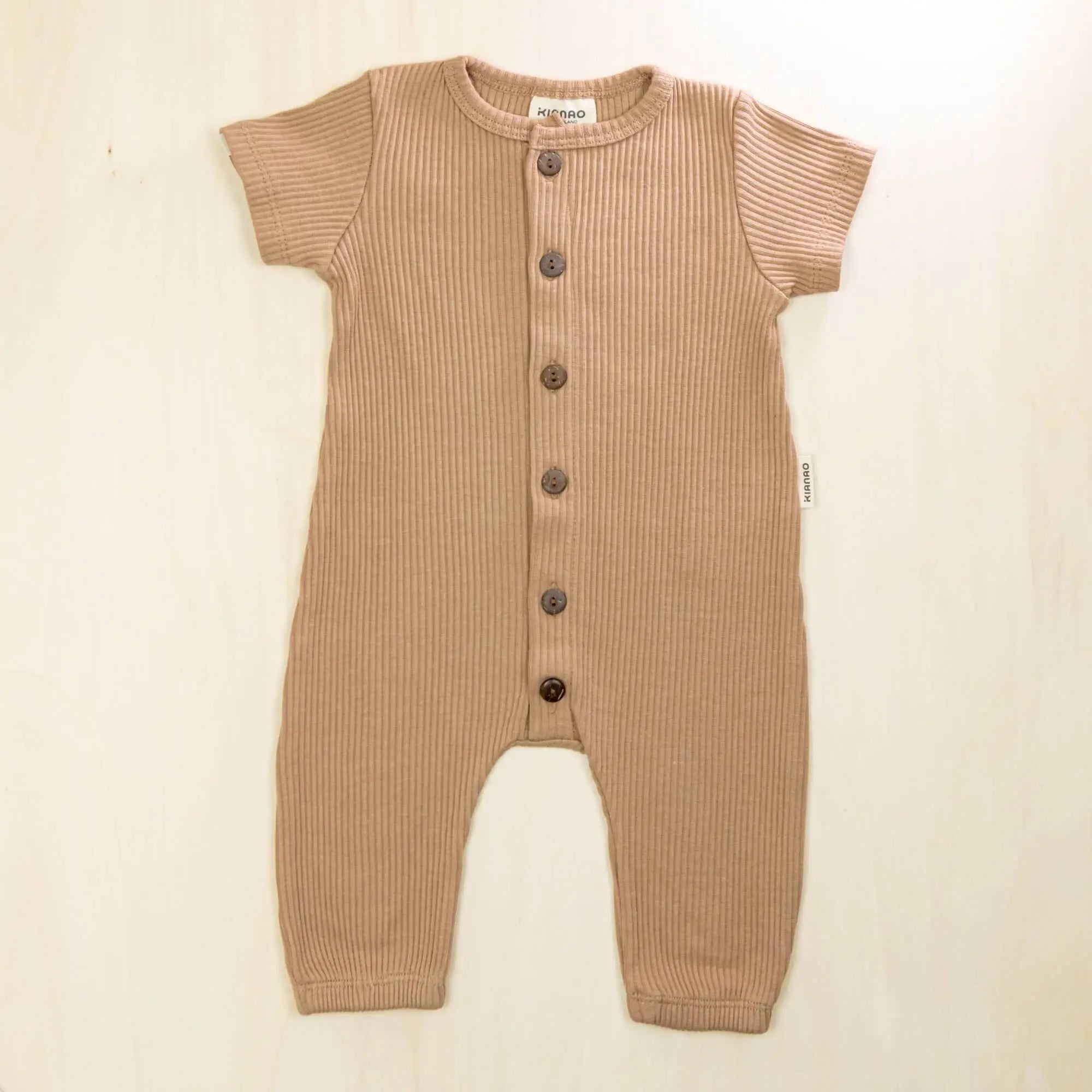 mocha baby jumpsuit organic cotton with front buttons, comfortable baby clothes for sensitive skin