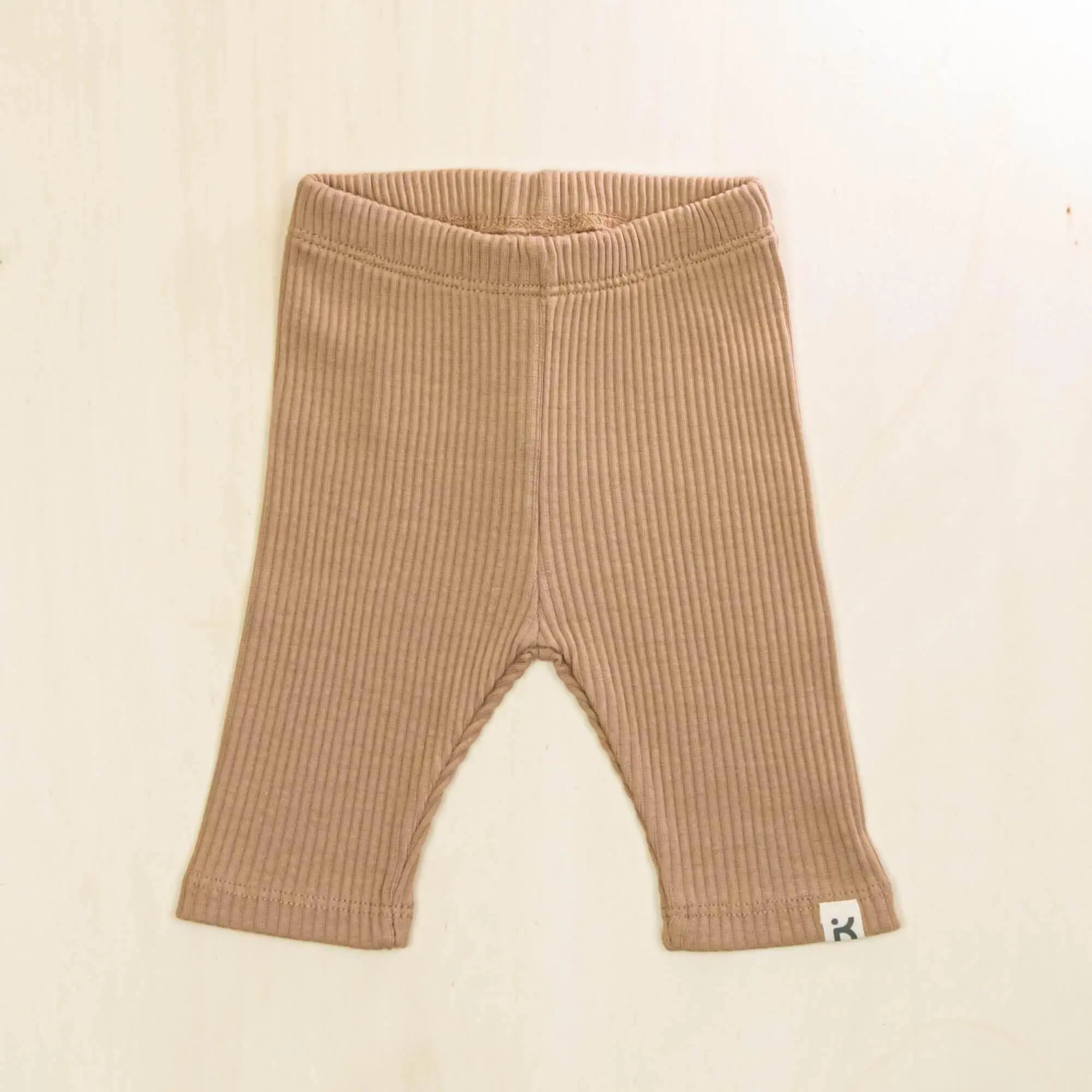 mocha baby leggings in ribbed organic cotton texture, comfortable elastic waist baby pants for sensitive skin