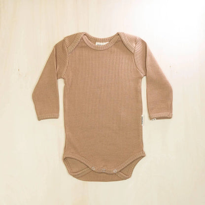 mocha long sleeve organic cotton baby bodysuit with comfortable envelope neckline for easy dressing