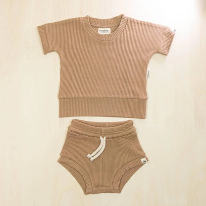 mocha organic cotton two-piece baby set with short sleeve top and matching drawstring shorts for summer comfort