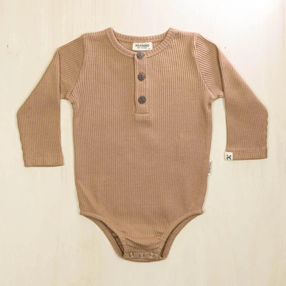 mocha organic cotton long sleeve bodysuit with three-button henley neckline for easy dressing in cool weather