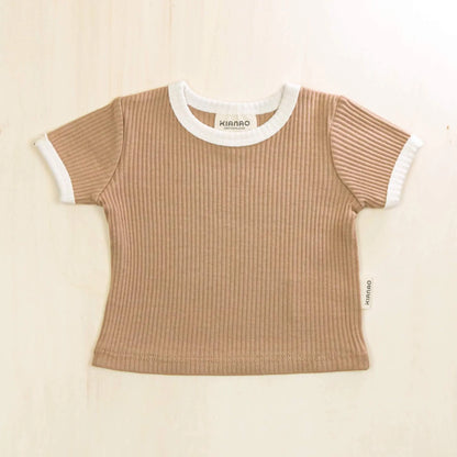 mocha organic cotton baby shirt with white ringer collar and cuffs in soft ribbed fabric