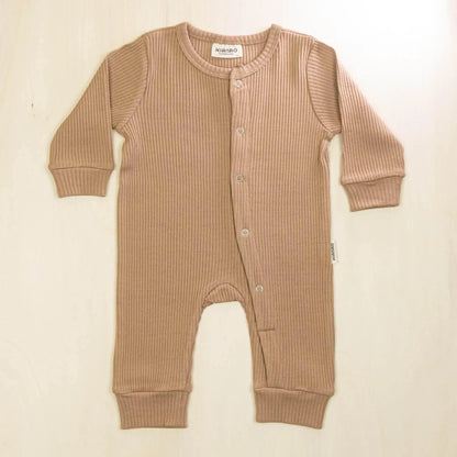 mocha organic cotton baby romper designed for comfort with 5% elasthan for perfect stretch and movement
