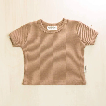 mocha organic cotton baby t-shirt with ribbed texture and short sleeves, gentle on sensitive skin