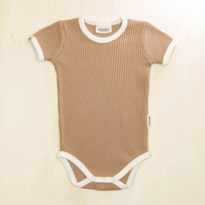 mocha short sleeve organic cotton baby bodysuit with ribbed fabric and envelope shoulder design