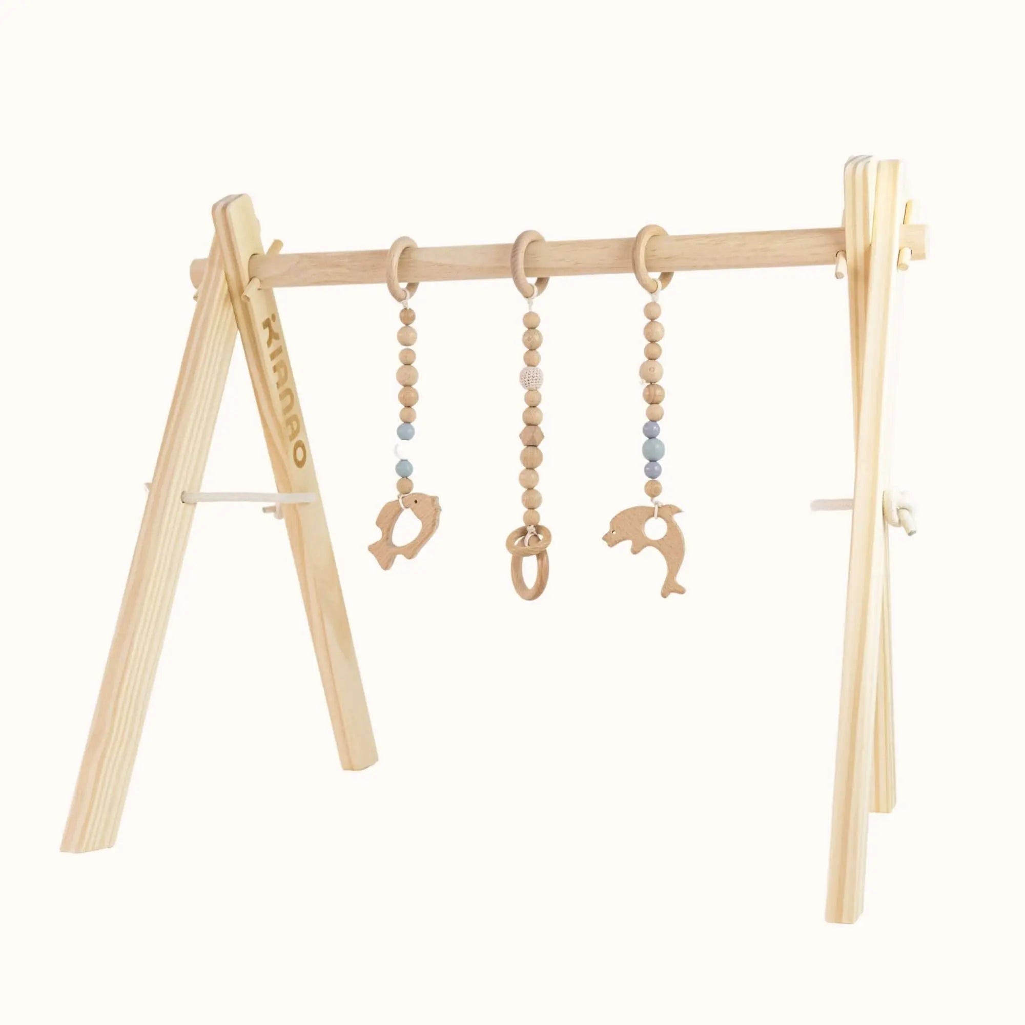 Natural wooden baby gym with hanging wooden ring toys on sturdy A-frame design for sensory play and motor skill development