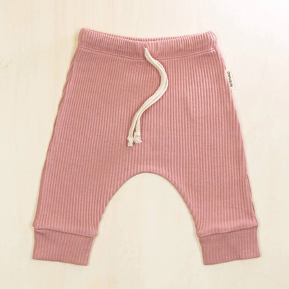 old rose baby pants made from premium organic cotton, featuring drawstring waist and cuffed ankles for growing babies