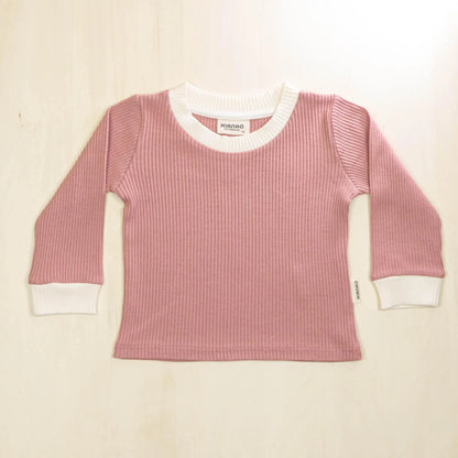 old rose organic cotton baby sweater with white contrast collar and cuffs, stretchy comfort for active toddlers