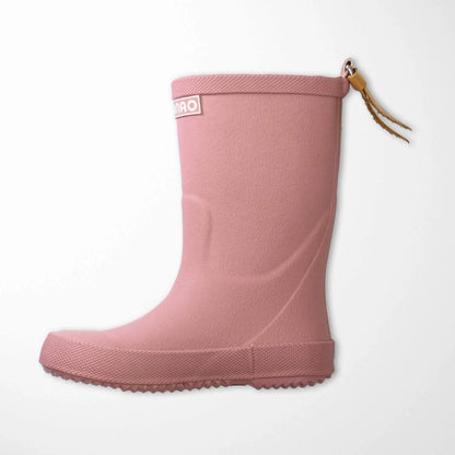 side view of old rose kids rain boots showing leather-look pull tabs for easy on and off