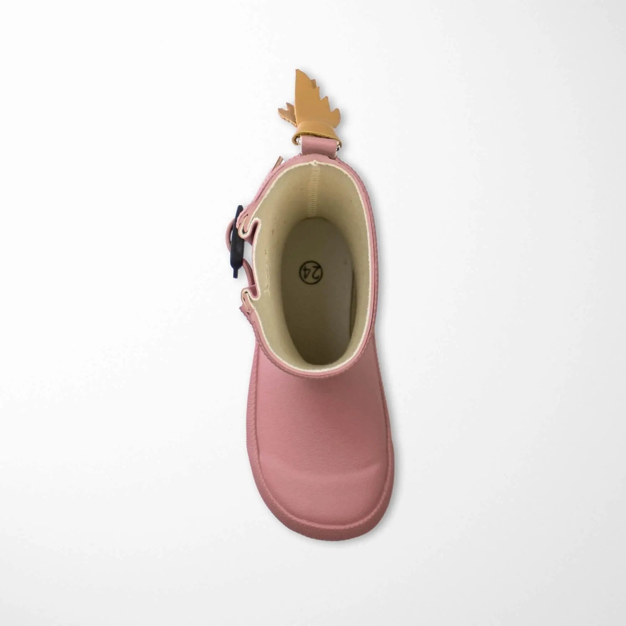 top view of old rose kids rain boots showing leather-look pull tabs for easy on and off