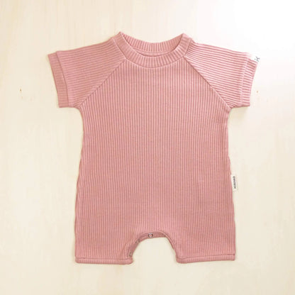 old rose organic cotton baby romper with short raglan sleeves for summer comfort