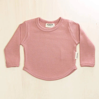 old rose organic cotton baby shirt with ribbed texture and long sleeves, comfortable stretch fit for growing babies