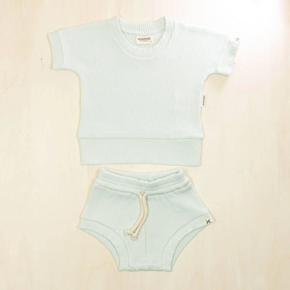 pale turquoise organic cotton two-piece baby outfit with gentle fabric that won't irritate sensitive skin