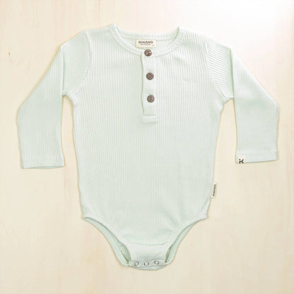 pale turquoise organic cotton henley bodysuit with long sleeves made with 95% organic cotton for maximum comfort