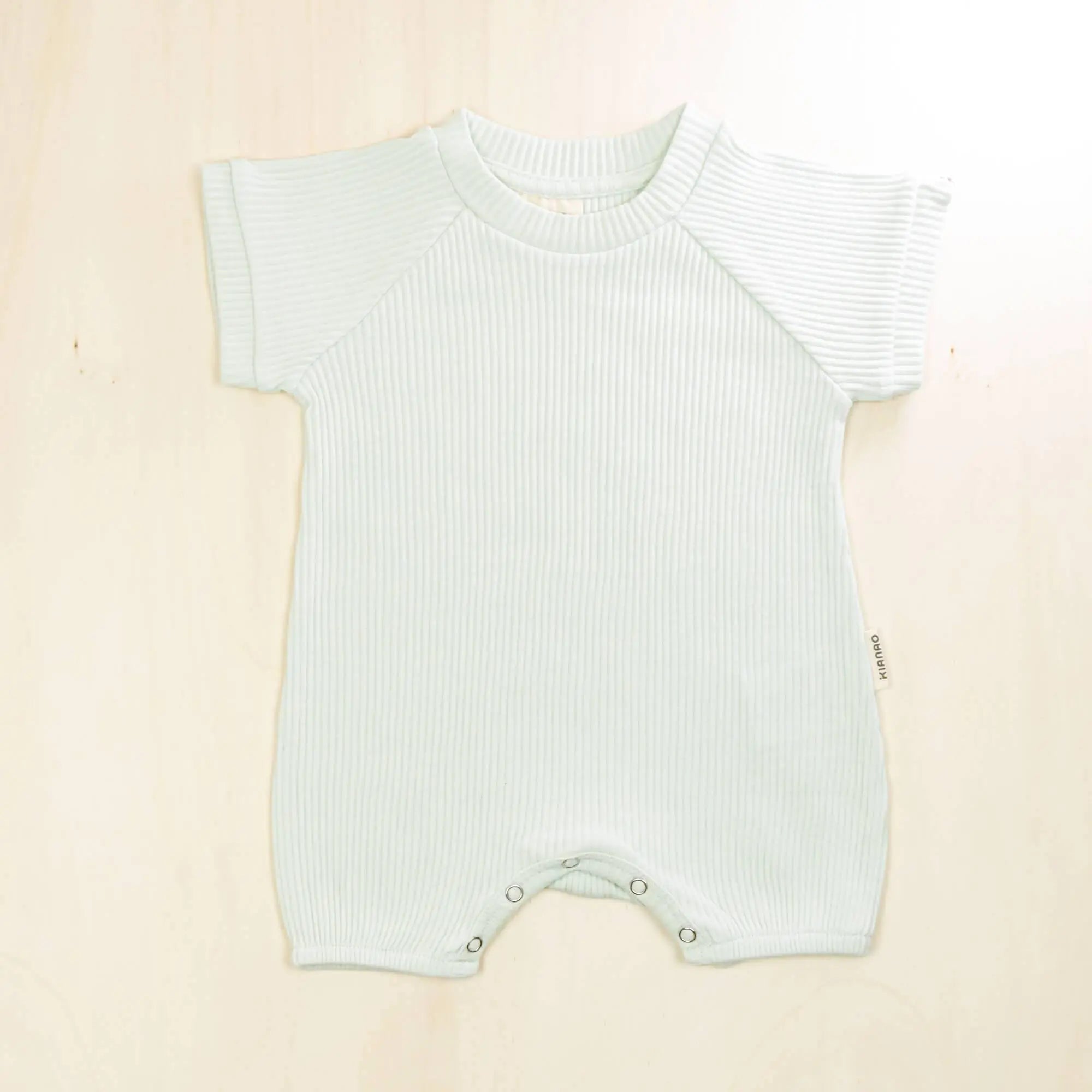 pale turquoise organic cotton baby romper suit with breathable short sleeves for warm weather