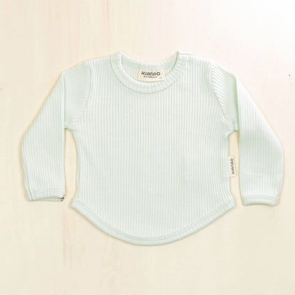 pale turquoise organic cotton baby shirt with ribbed texture and long sleeves, breathable fabric for all-day comfort