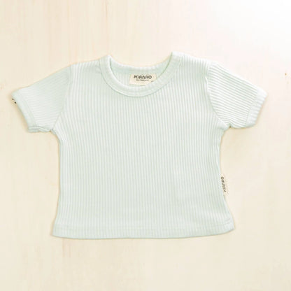 pale turquoise organic cotton baby t-shirt with ribbed texture and short sleeves, breathable fabric for all-day comfort