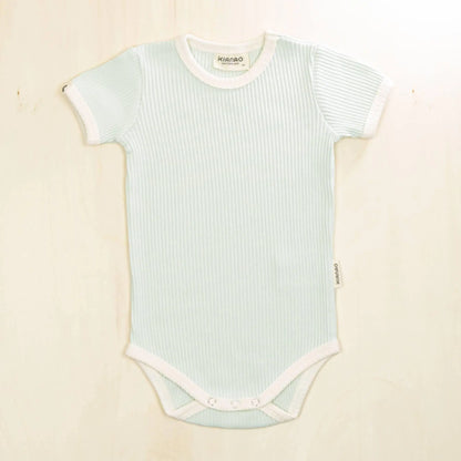 pale turquoise short sleeve organic cotton baby bodysuit with ribbed fabric and reinforced snap closures