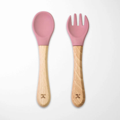 pastel violet silicone-tipped bamboo baby spoon and fork set with natural wooden handles easy for small hands to grip