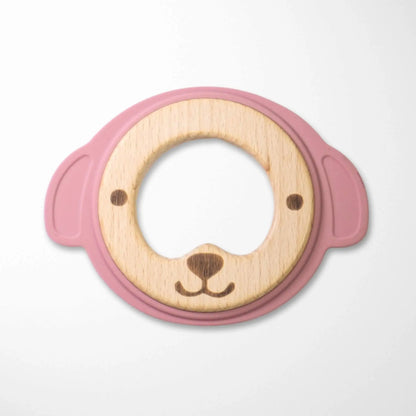 pastel violet bear silicone and wood teether with natural beechwood center and soft silicone outer edge for teething babies