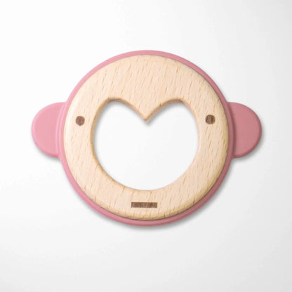 pastel violet silicone ear monkey teether with natural wood center and heart-shaped design for gentle teething relief