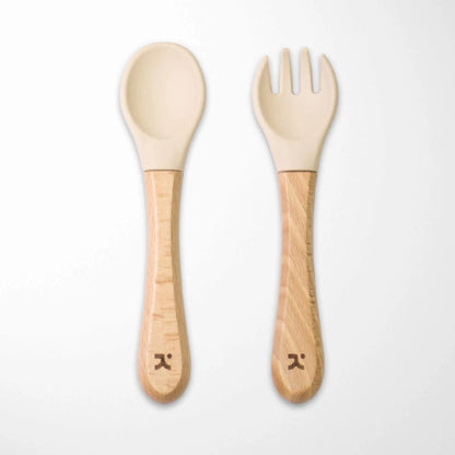 pearl beige silicone-tipped bamboo baby spoon and fork set with eco-friendly wooden handles gentle on baby gums