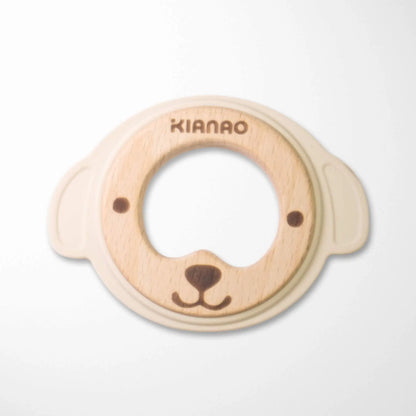 pearl beige bear silicone and wood teether with natural wood center and soft outer edge for sensitive baby gums