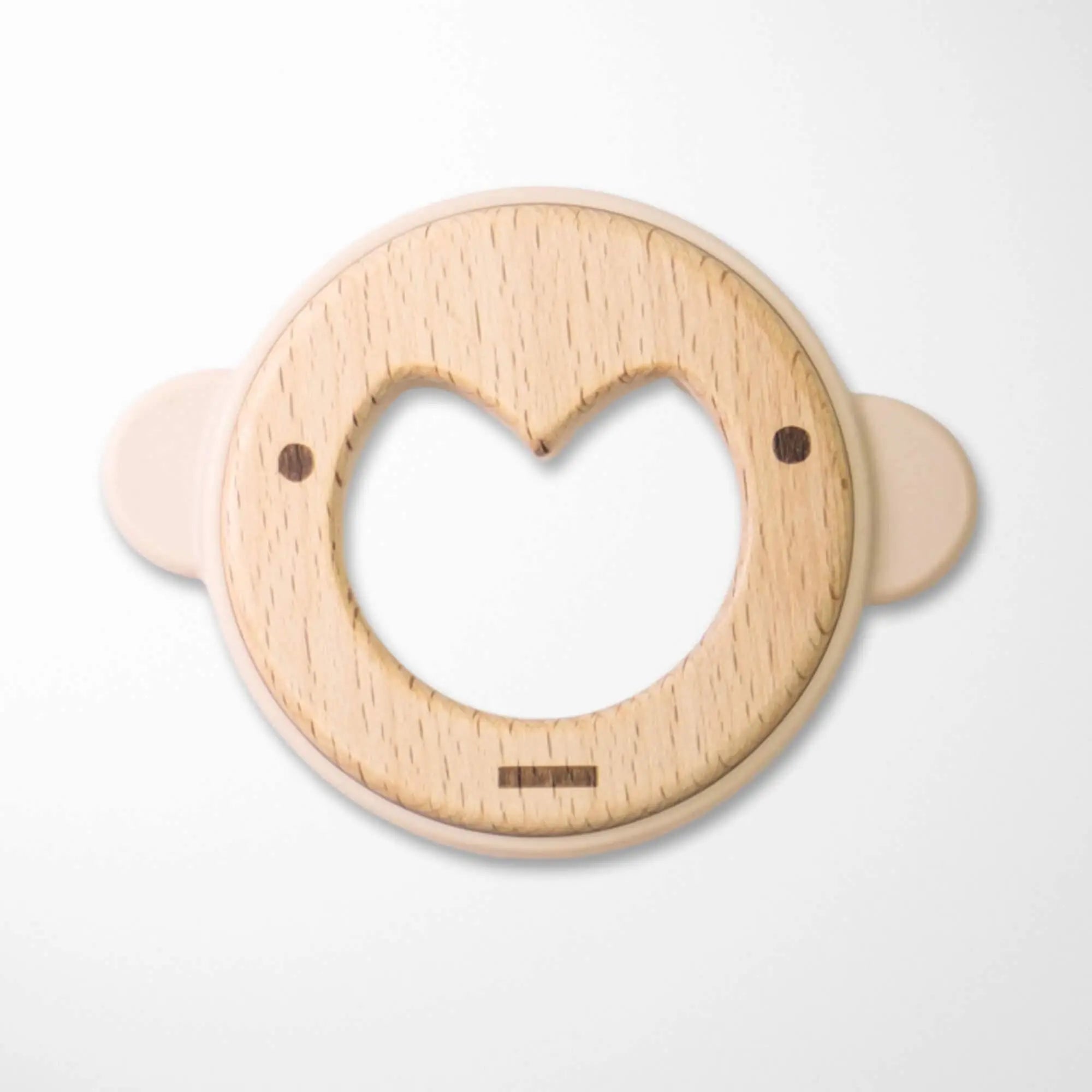 pearl beige silicone ear wooden monkey teether with heart-shaped design and natural beechwood surface for multiple teething textures