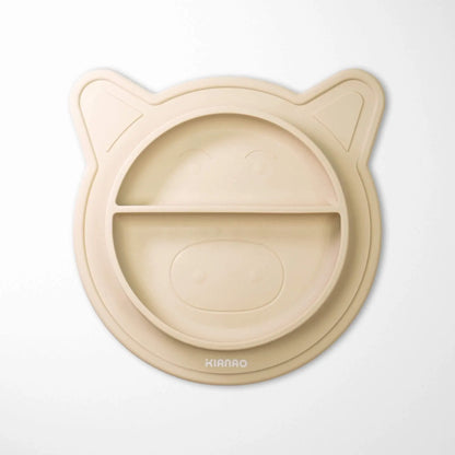 pearl beige silicone baby bowl with piglet ears and divided sections, featuring non-slip suction base