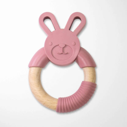 pink bunny silicone wood teether with contrasting wooden ring for sensory development