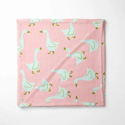 pink organic cotton baby blanket with goose pattern double-layer design GOTS-certified
