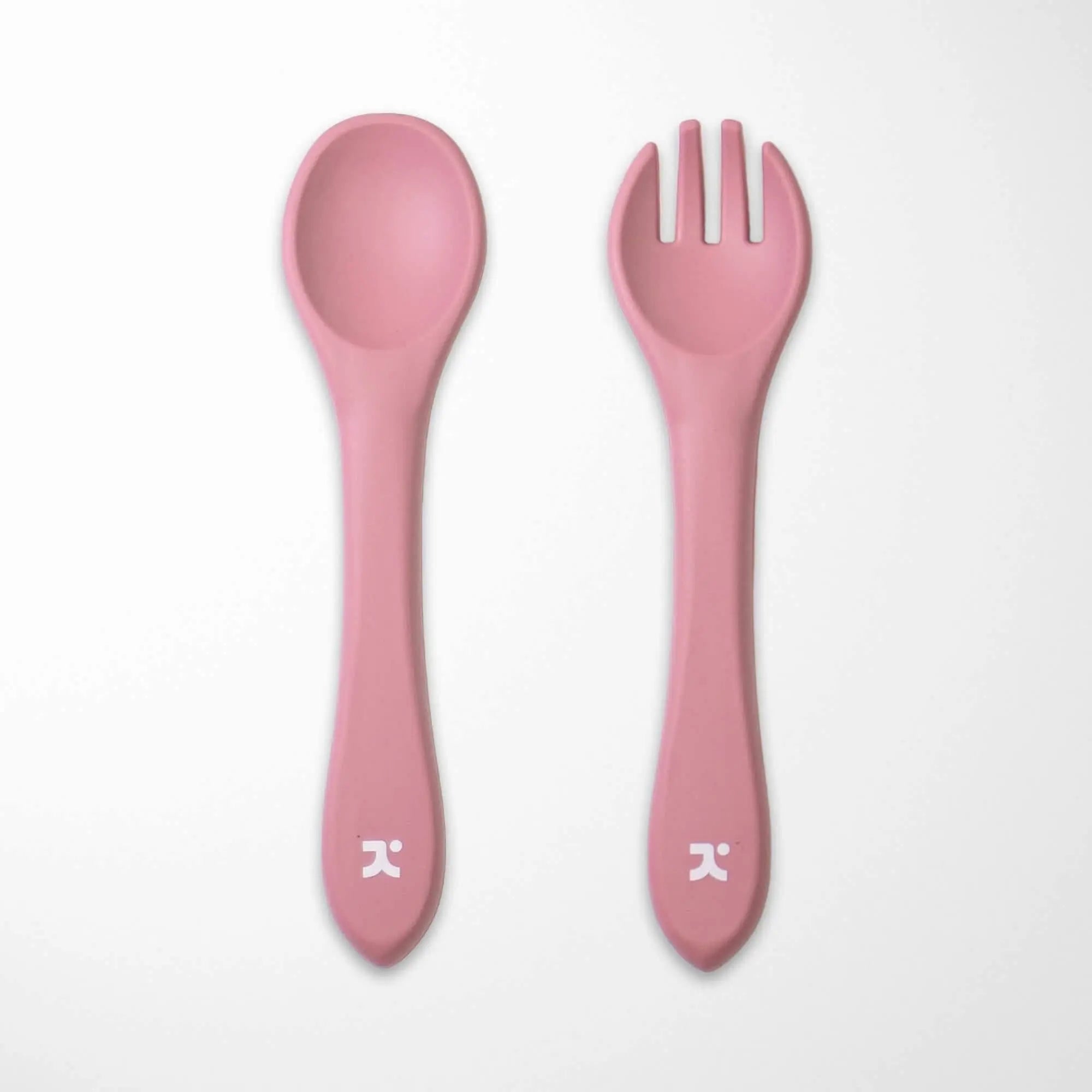 pink silicone baby spoon and fork set with soft-touch material gentle on baby gums and teeth