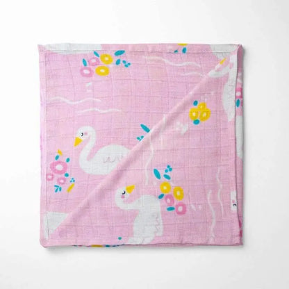 pink bamboo baby blanket with colorful swan pattern, organic and ultra-soft for sensitive skin