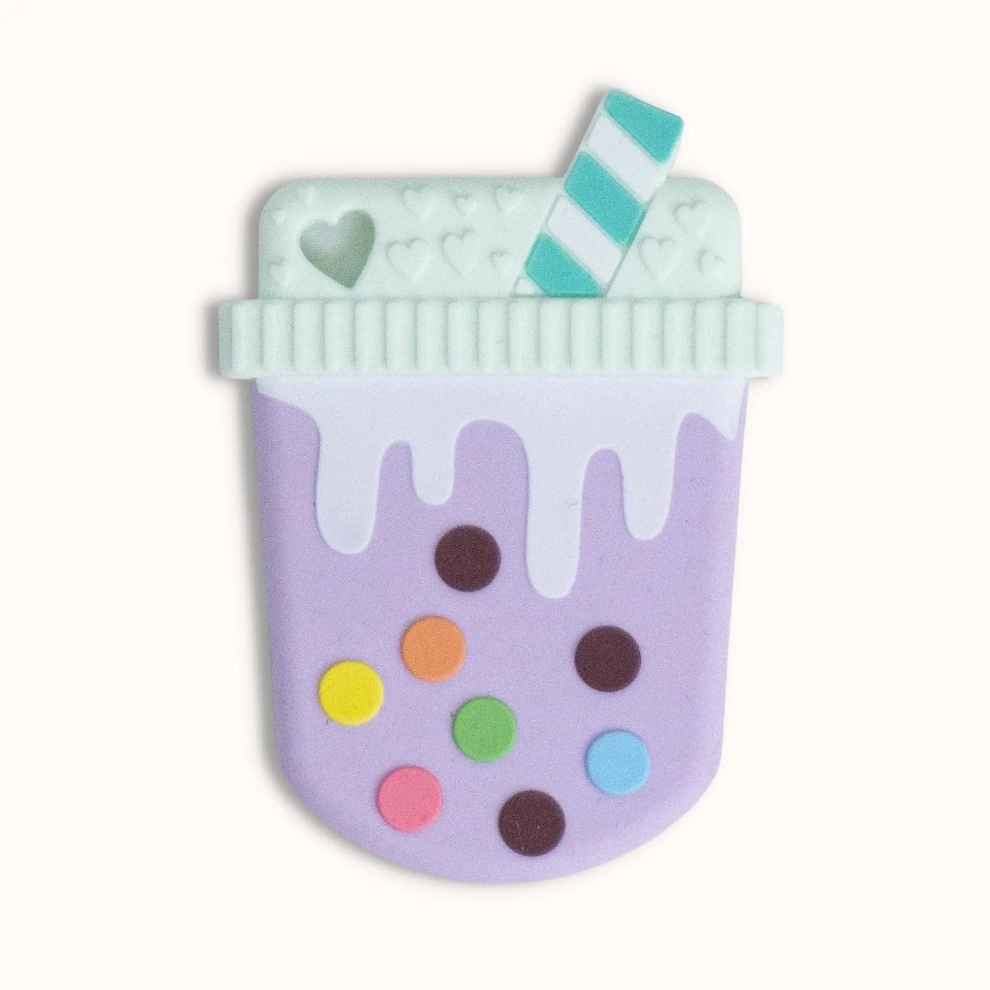 purple bubble tea silicone baby teether with mint green lid, teal straw and colorful boba beads for sensory development and gum relief