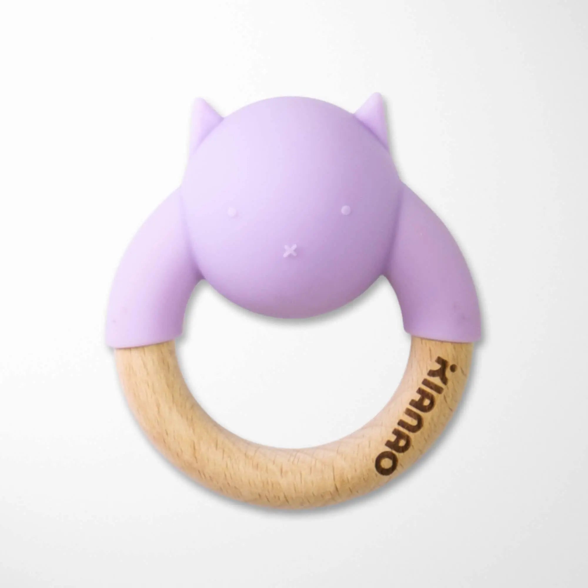 purple silicone cat baby teether with natural beechwood ring providing dual textures for teething relief and supportive grip for developing motor skills