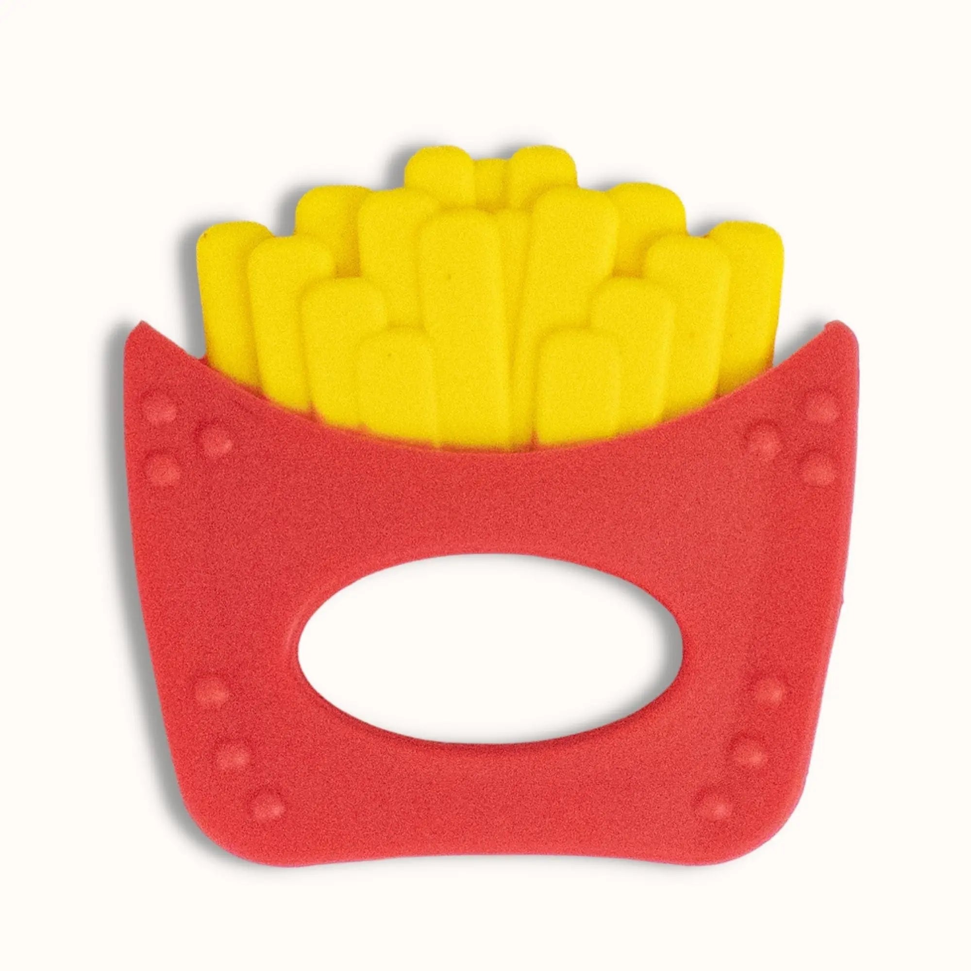 red silicone french fries container baby teether with yellow textured fries and grip hole for easy holding during teething relief
