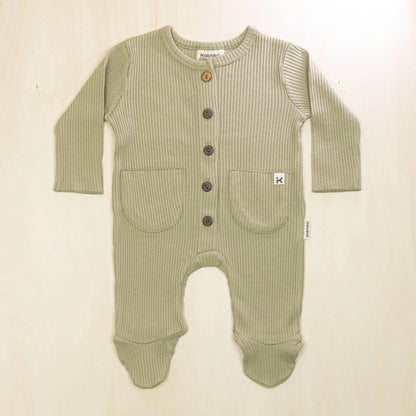 sage green organic cotton baby romper with footed design, button front closure and two front pockets for newborn comfort