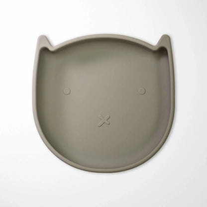 Sage Green baby silicone cat plate with non-slip suction base and cute ear details for divided sections