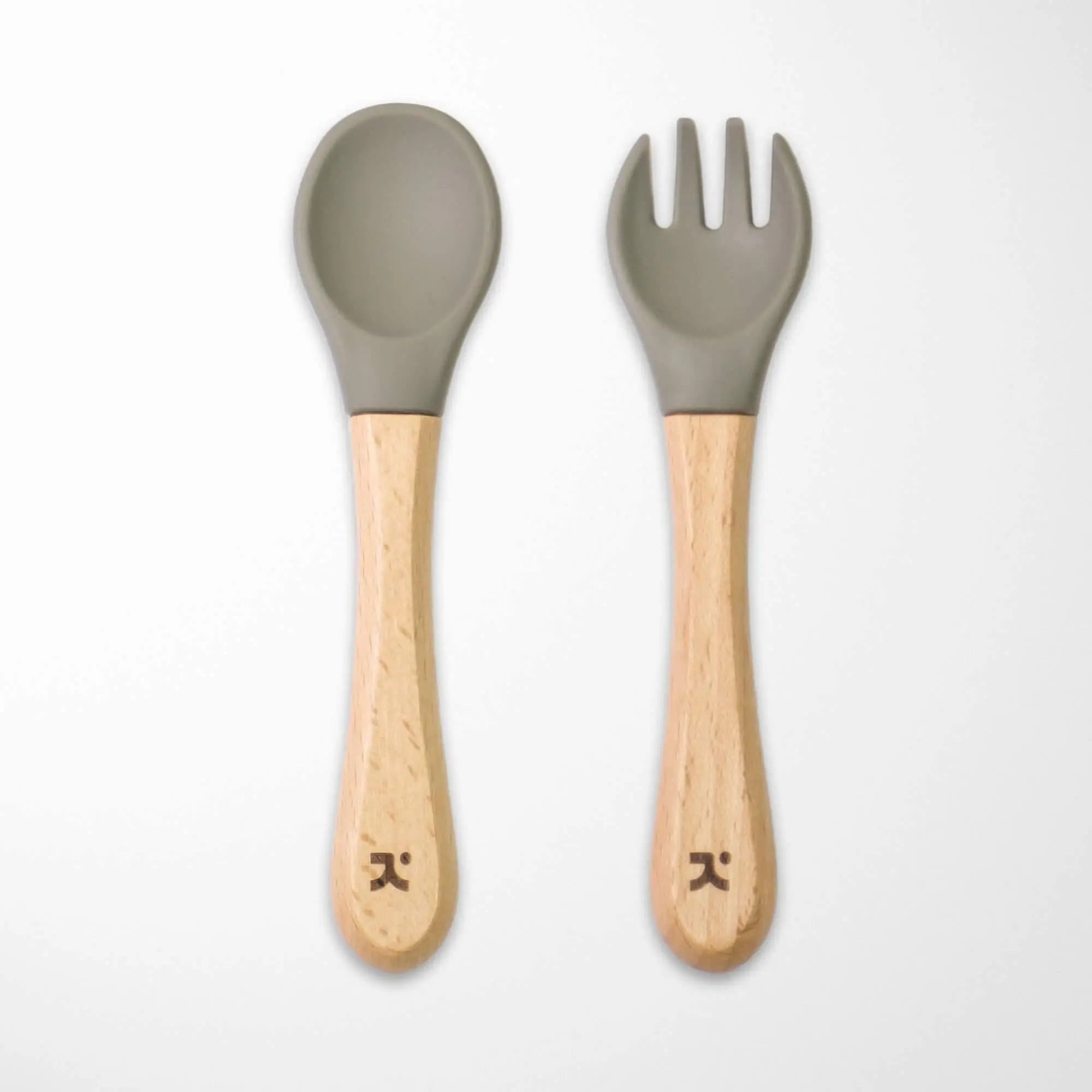 sage green silicone-tipped bamboo baby spoon and fork set with natural wooden handles perfect for baby-led weaning