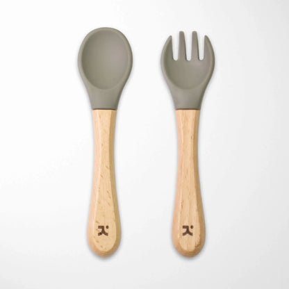 sage green silicone-tipped bamboo baby spoon and fork set with natural wooden handles perfect for baby-led weaning