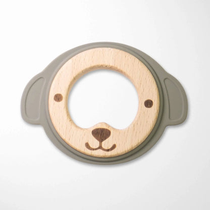 sage green bear silicone and wood teether with circular wooden center and soft silicone outer ring with bear ears for baby teething relief