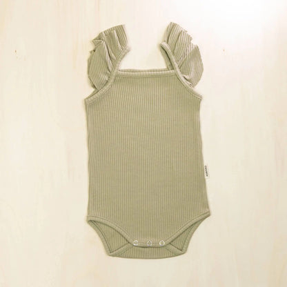 sage green flutter sleeve organic cotton baby bodysuit with charming ruffle detail made from 95% organic cotton