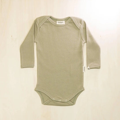 sage green long sleeve organic cotton baby bodysuit with lap shoulders and secure snap closures